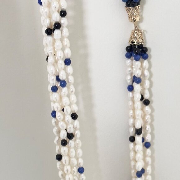 Vintage 14k Yellow Gold Pearl 6 Row Multi Strand Onyx Lapis Statement Necklace - Picture 9 of 14